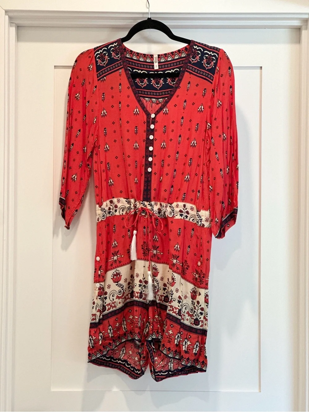 Spell Desert Wander Playsuit in Sunset - Red Printed Boho Short-Sleeve Romper - Picture 3 of 5